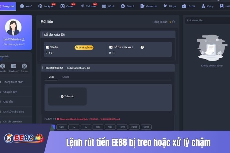 Lệnh rút tiền EE88 bị treo hoặc xử lý chậm